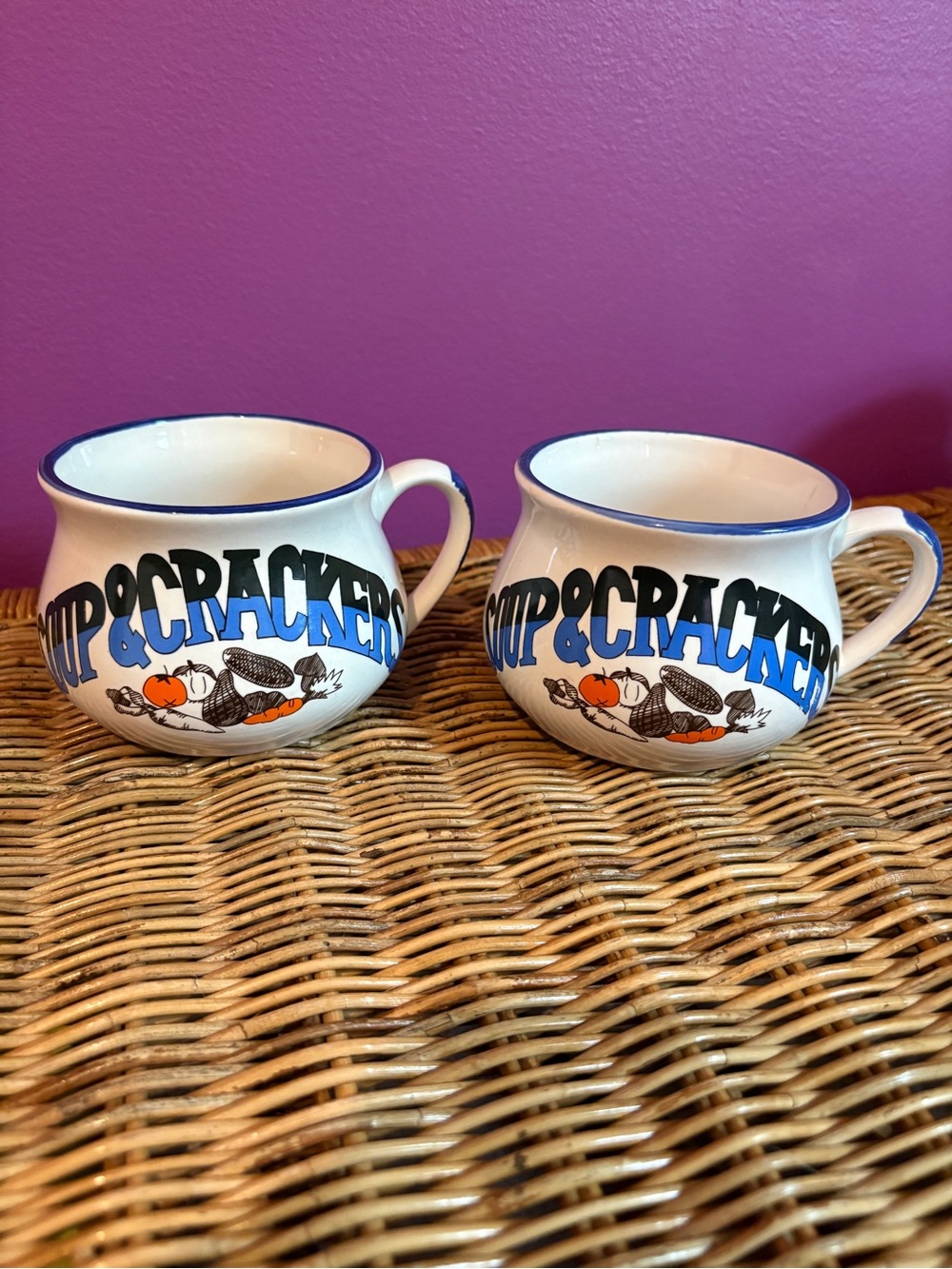 Vintage Soup & Cracker Ceramic Soup Mugs - White with Blue Trim